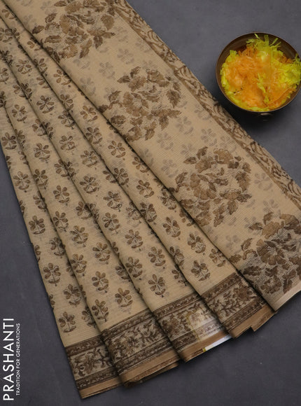 Kota doria saree beige and dark sandal with allover block prints and printed border
