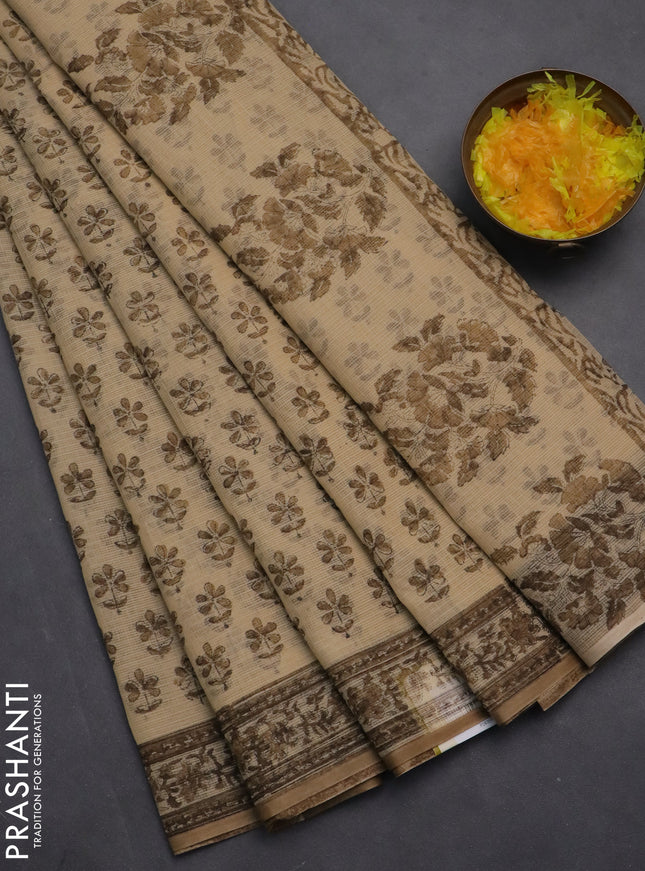 Kota doria saree beige and dark sandal with allover block prints and printed border