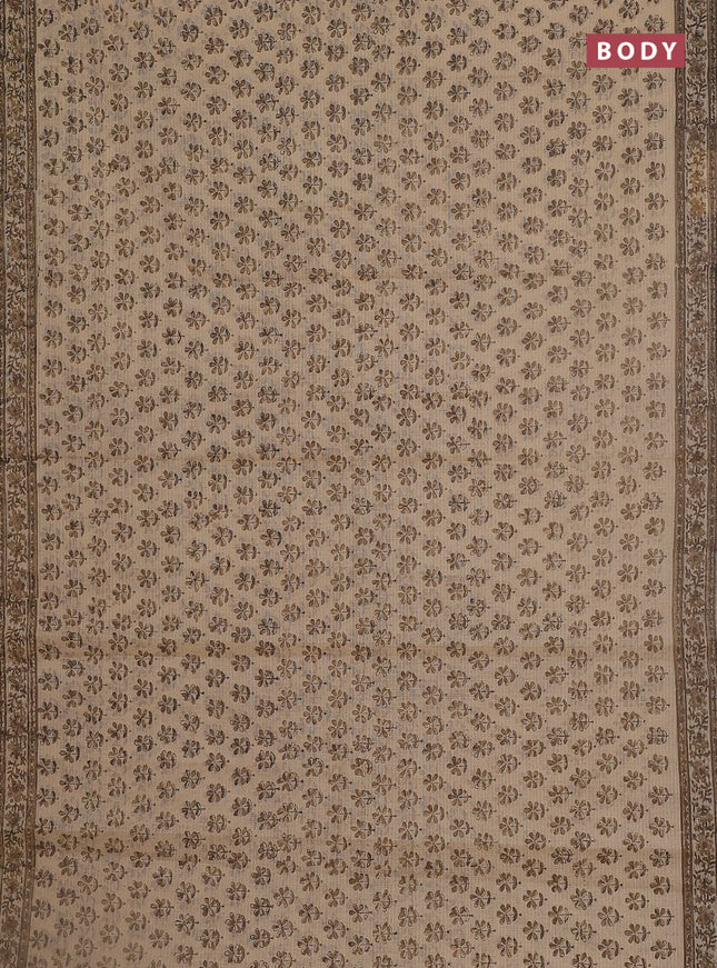 Kota doria saree beige and dark sandal with allover block prints and printed border
