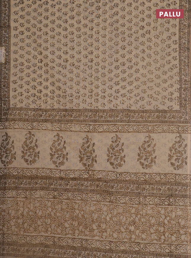 Kota doria saree beige and dark sandal with allover block prints and printed border