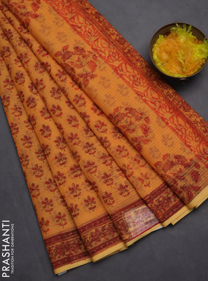 Kota doria saree orange and red with allover block prints and printed border