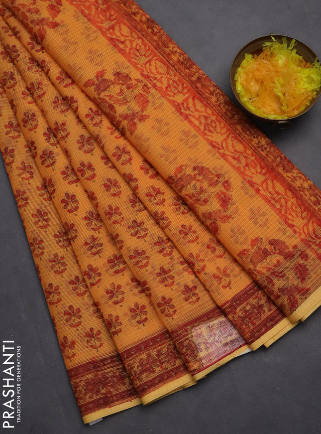 Kota doria saree orange and red with allover block prints and printed border