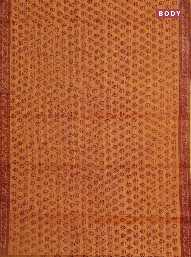 Kota doria saree orange and red with allover block prints and printed border