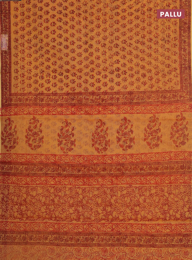 Kota doria saree orange and red with allover block prints and printed border