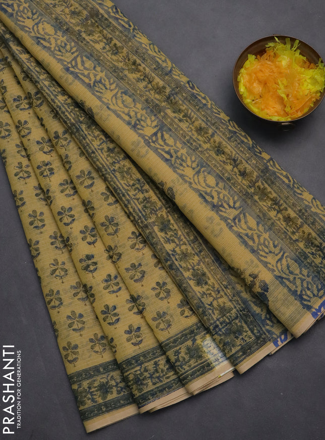 Kota doria saree beige and bluish grey with allover block prints and printed border