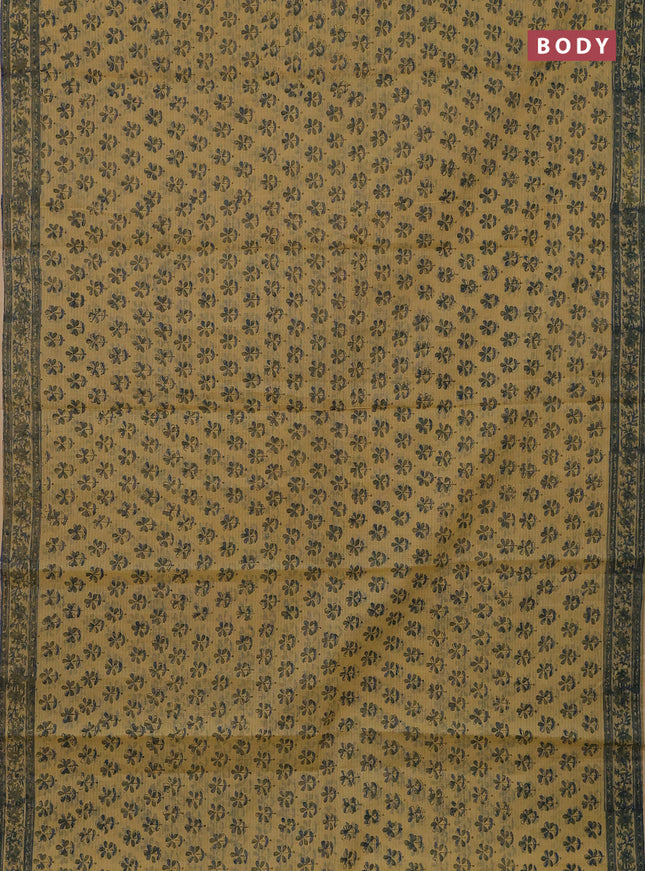 Kota doria saree beige and bluish grey with allover block prints and printed border