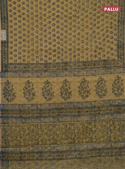 Kota doria saree beige and bluish grey with allover block prints and printed border