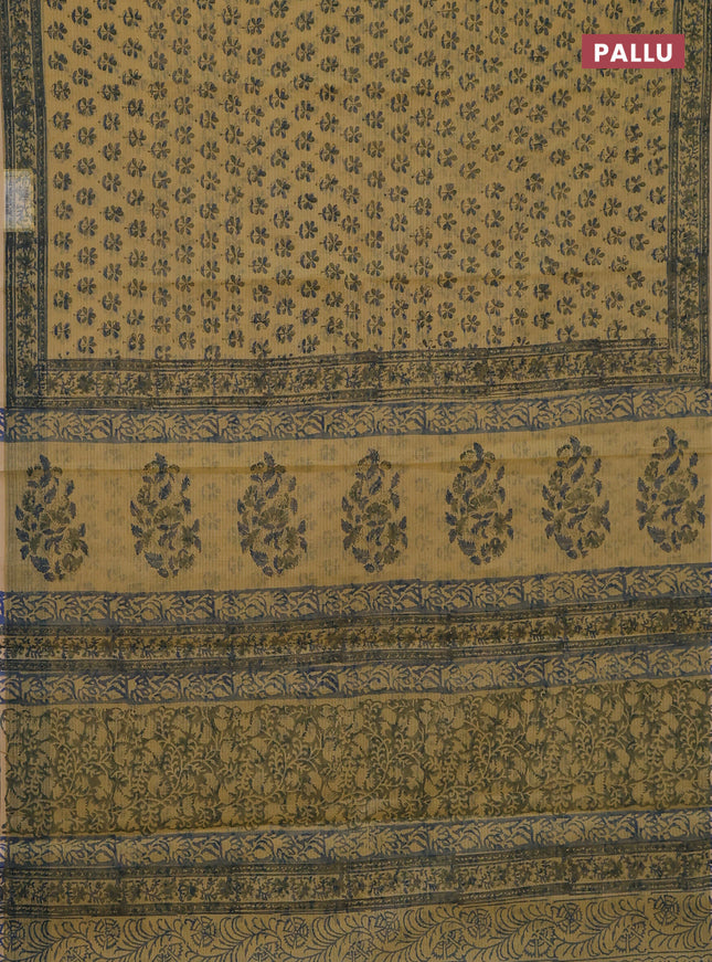 Kota doria saree beige and bluish grey with allover block prints and printed border