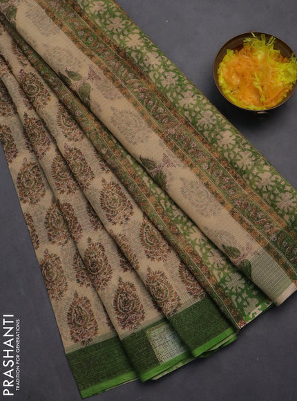Kota doria saree beige and green with allover block prints and printed border