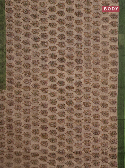 Kota doria saree beige and green with allover block prints and printed border