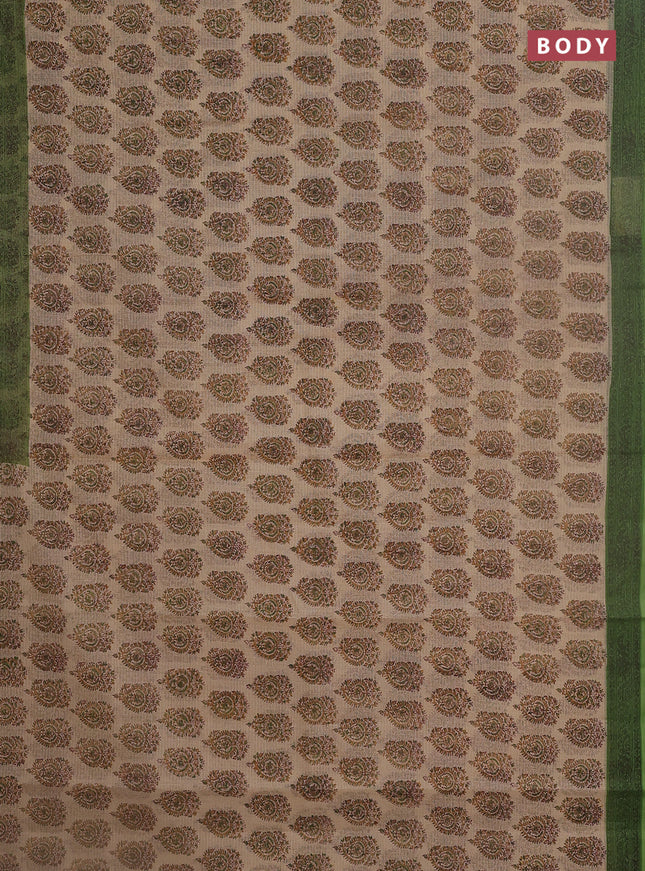 Kota doria saree beige and green with allover block prints and printed border