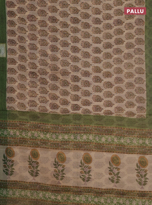 Kota doria saree beige and green with allover block prints and printed border
