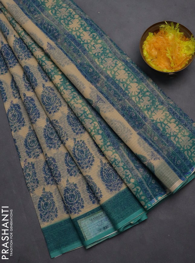 Kota doria saree beige and teal green with allover block prints and printed border