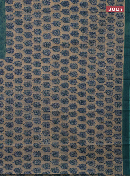 Kota doria saree beige and teal green with allover block prints and printed border