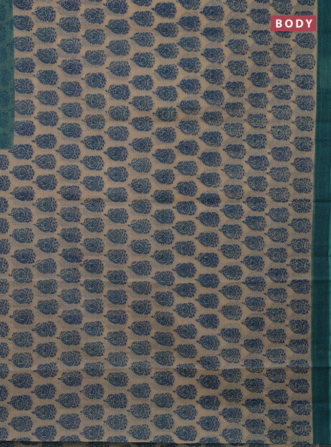 Kota doria saree beige and teal green with allover block prints and printed border