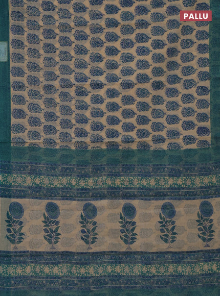Kota doria saree beige and teal green with allover block prints and printed border