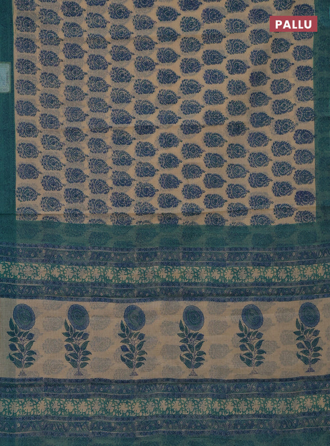 Kota doria saree beige and teal green with allover block prints and printed border