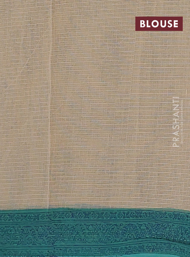 Kota doria saree beige and teal green with allover block prints and printed border