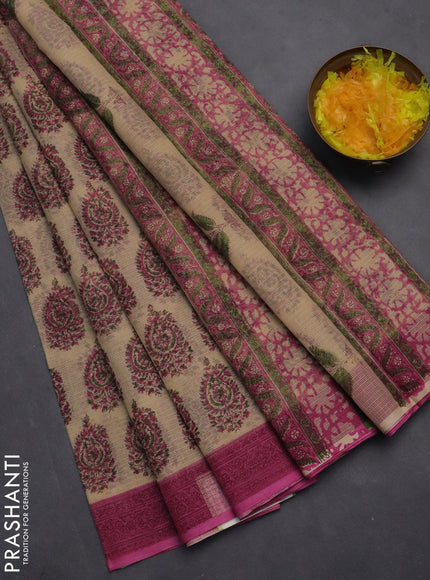 Kota doria saree beige and pink with allover block prints and printed border