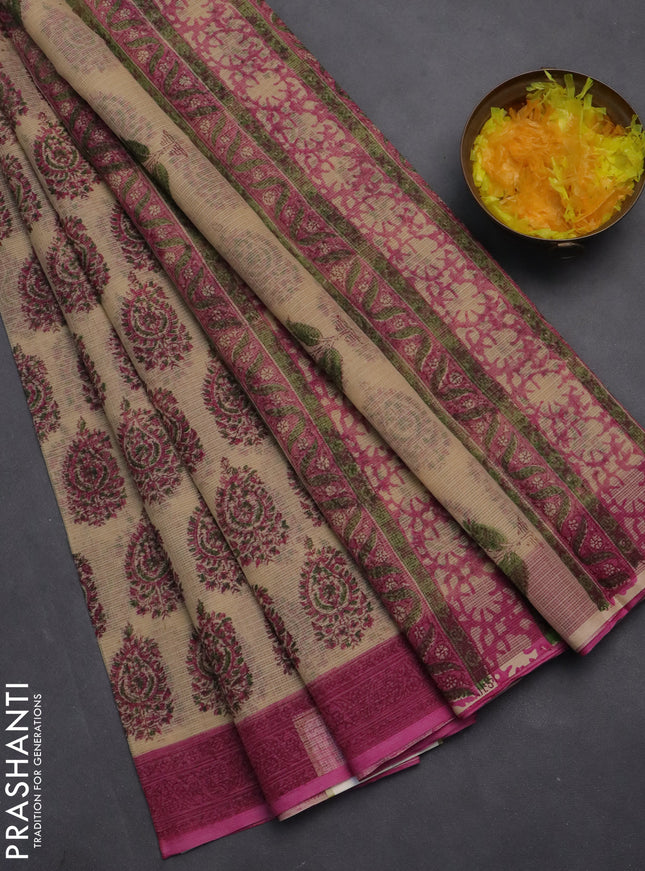 Kota doria saree beige and pink with allover block prints and printed border