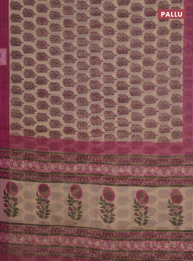 Kota doria saree beige and pink with allover block prints and printed border