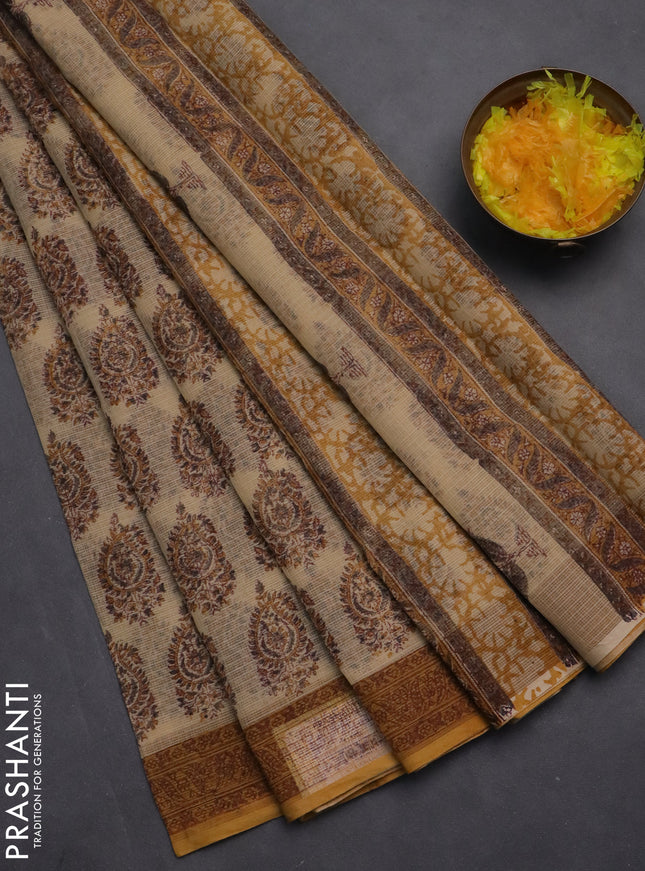 Kota doria saree beige and dark mustard with allover block prints and printed border