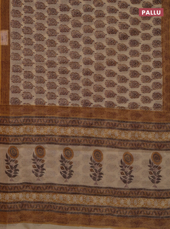 Kota doria saree beige and dark mustard with allover block prints and printed border