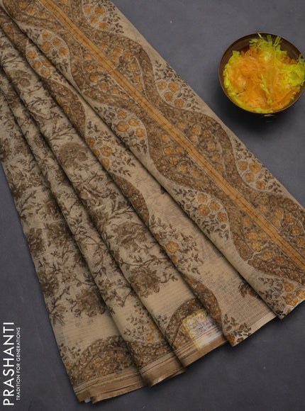 Kota doria saree beige and dark sandal with allover block prints and printed border