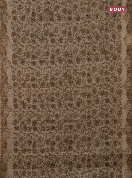 Kota doria saree beige and dark sandal with allover block prints and printed border