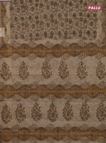 Kota doria saree beige and dark sandal with allover block prints and printed border