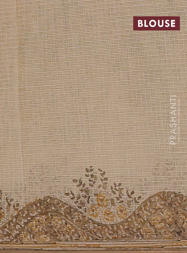 Kota doria saree beige and dark sandal with allover block prints and printed border