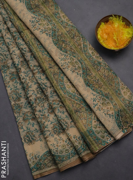 Kota doria saree beige teal green and dark sandal with allover block prints and printed border
