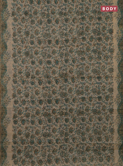 Kota doria saree beige teal green and dark sandal with allover block prints and printed border