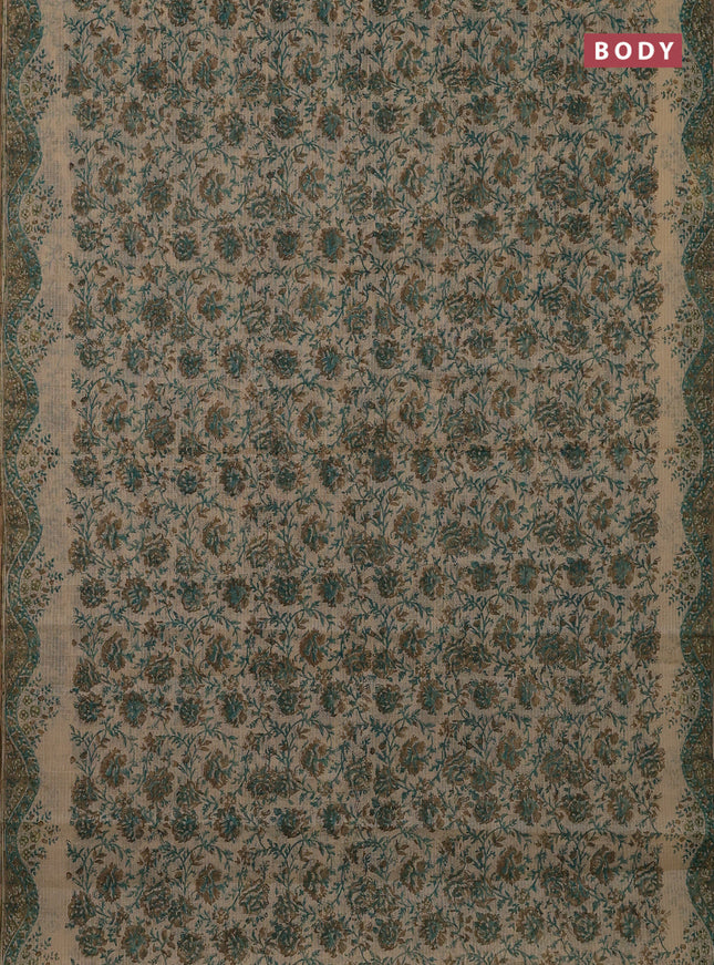 Kota doria saree beige teal green and dark sandal with allover block prints and printed border