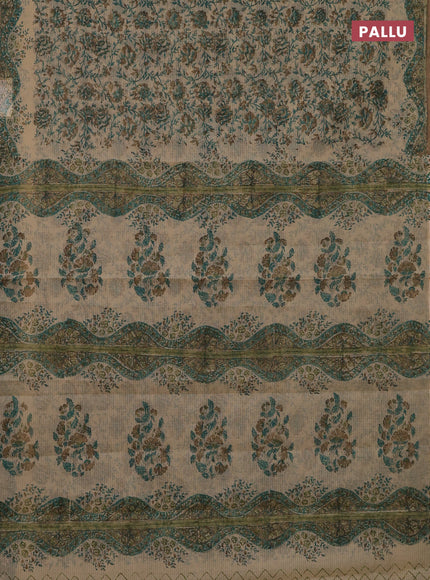 Kota doria saree beige teal green and dark sandal with allover block prints and printed border