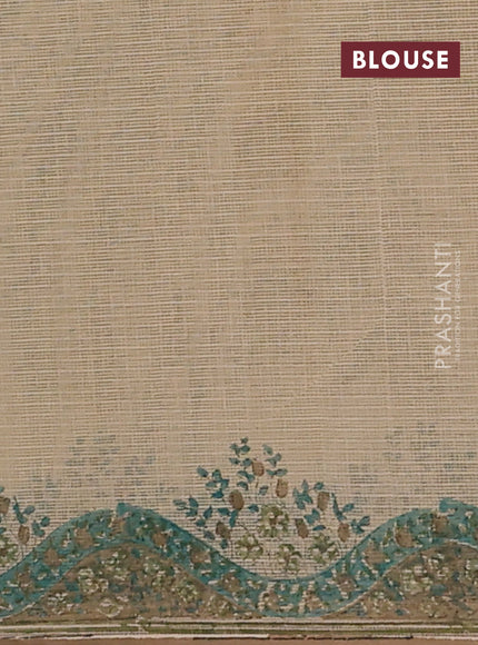 Kota doria saree beige teal green and dark sandal with allover block prints and printed border