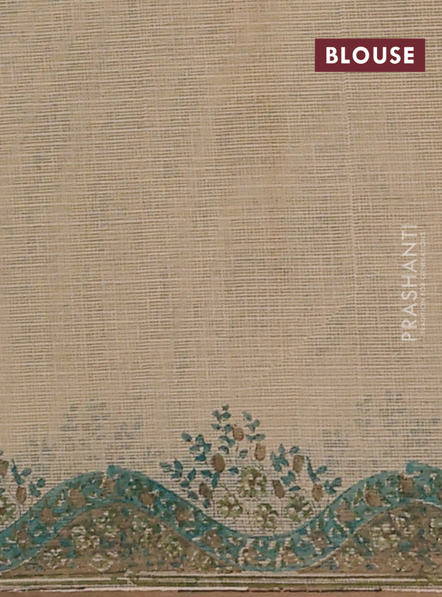 Kota doria saree beige teal green and dark sandal with allover block prints and printed border