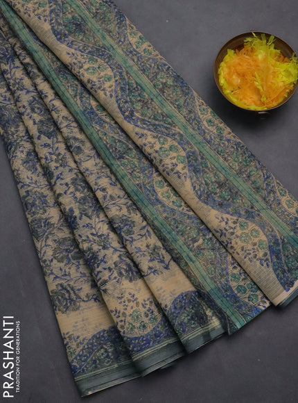 Kota doria saree beige and blue with allover block prints and printed border