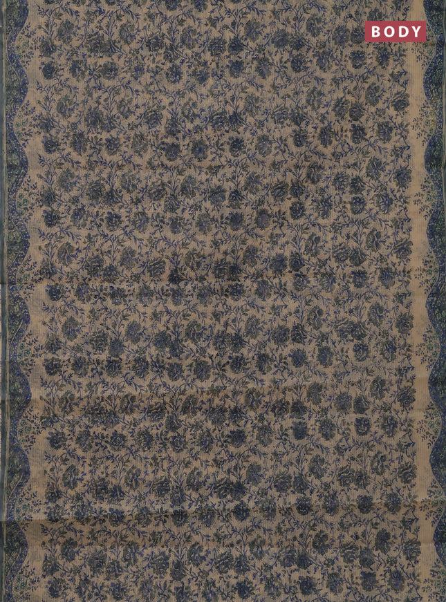 Kota doria saree beige and blue with allover block prints and printed border