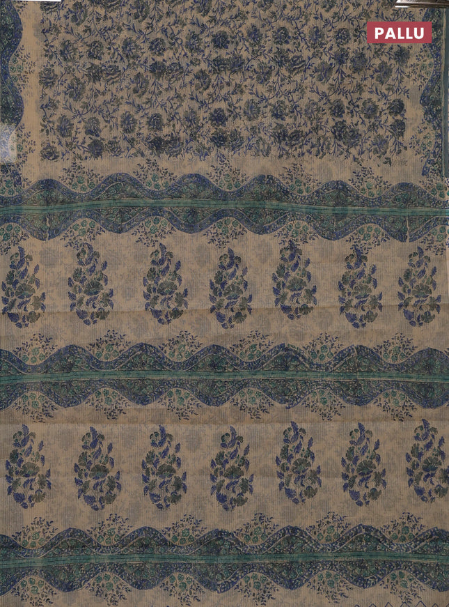 Kota doria saree beige and blue with allover block prints and printed border