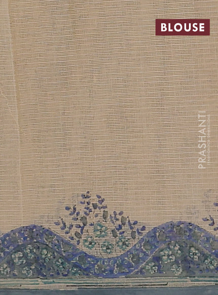 Kota doria saree beige and blue with allover block prints and printed border