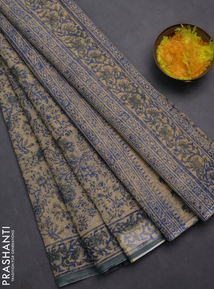 Kota doria saree beige blue and grey with allover block prints and printed border