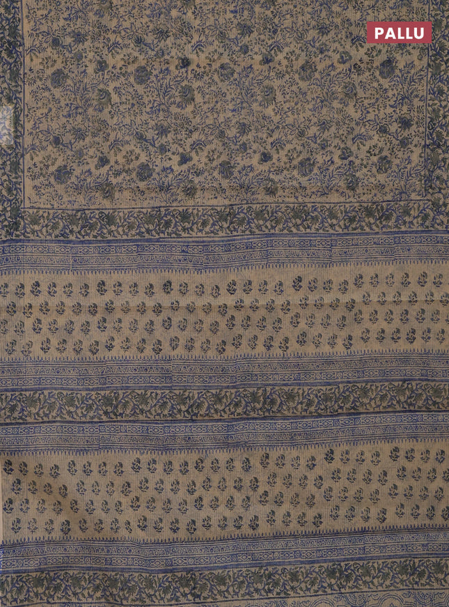 Kota doria saree beige blue and grey with allover block prints and printed border
