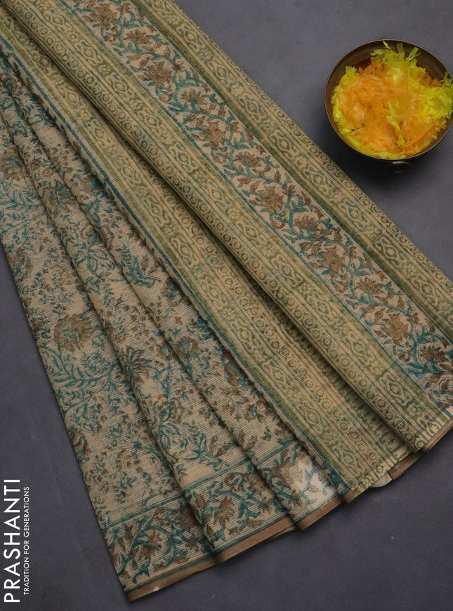 Kota doria saree beige teal green and dark sandal with allover block prints and printed border