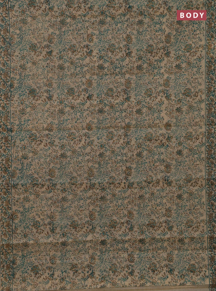 Kota doria saree beige teal green and dark sandal with allover block prints and printed border