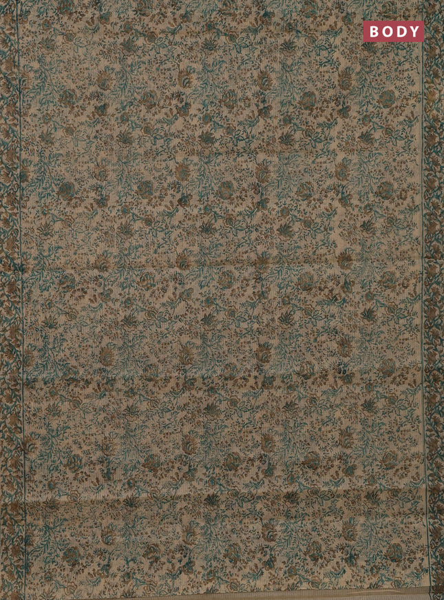 Kota doria saree beige teal green and dark sandal with allover block prints and printed border