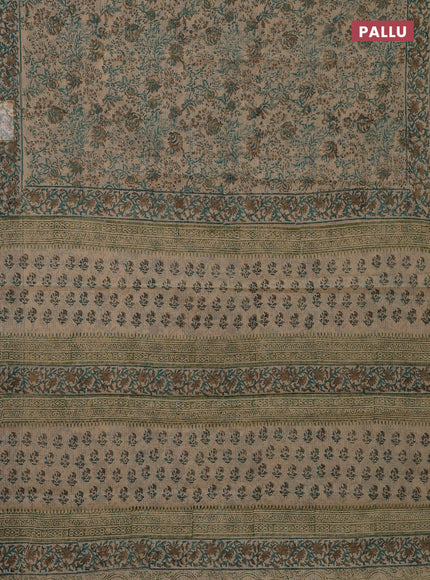 Kota doria saree beige teal green and dark sandal with allover block prints and printed border