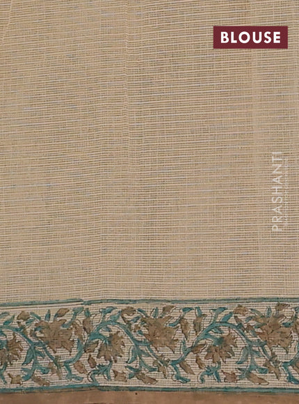 Kota doria saree beige teal green and dark sandal with allover block prints and printed border