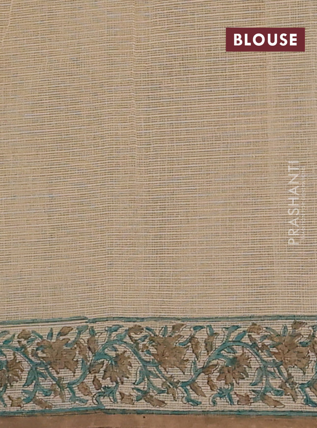 Kota doria saree beige teal green and dark sandal with allover block prints and printed border