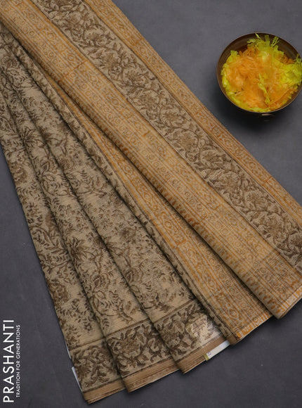 Kota doria saree beige and dark sandal with allover block prints and printed border